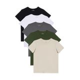 Tudors Unisex 5'li Paket Erkek T-Shirt, Slim Fit Dar Kesim,%100 Pamuk, Bisiklet Yaka, Siyah-Beyaz-Koyu Gri-Haki-Taş, S Beden