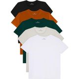 Tudors Unisex 5'li Paket Siyah-Beyaz-Taş-Tarçın-Z.yeşil Slim Fit Dar Kesim %100 Pamuk Bisiklet Yaka Tişört - Zümrüt Yeşil - XL