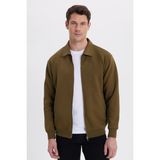 Tudors Unisex Relax Fit Rahat Kesim Pamuklu İç Polarlı Fermuarlı Polo Yaka Cepli Sweatshirt Hırka,Yeşil 2Xl