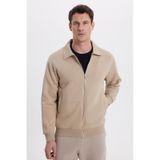Tudors Unisex Relax Fit Rahat Kesim Pamuklu İçi Polarlı Fermuarlı Koyu Bej Polo Yaka Flato Cepli Sweatshirt Hırka-41970 Koyu Bej