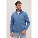 Tudors Unisex Relax Fit Rahat Kesim Pamuklu İçi Polarlı Yarım Fermuarlı Petrol Mavi Dik Yaka Sweatshirt - Petrol - Mavi