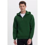 Tudors Unisex Relax Fit Rahat Kesim Pamuklu Içi Polarlı Yarım Fermuarlı Yeşil Kapüşonlu Sweatshirt - 2XL