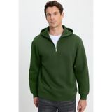 Tudors Unisex Relax Fit Rahat Kesim Pamuklu İçi Polarlı Yarım Fermuarlı Yeşil Kapüşonlu Sweatshirt