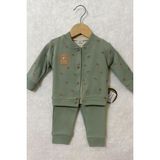 Tuem Baby Tuembaby %100 Pamuk Ayıcık Desenli Hırka+ Uzun Kollu Body+Lastikli Tayt Unisex Bebek Takımı - Yeşil - 0 - 3 Ay