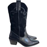 Tufan Shoes Siyah Hakiki Deri ve Süet Işleme Detaylı Western Çizme