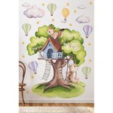 TUGİBU Ağaç Ev Çocuk Odası Duvar Sticker, Sevimli Orman Duvar Süsü, Uçan Balonlar ve Ağaç Sticker Seti