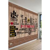Tuğla Çerçeveli ve Ahşap Panelli Fitness Temalı Tek Parça Tekstil Duvar Kağıdı, 550 x 240