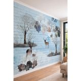 Tuğla Desenli Geyik ve Çiçek Temalı Sanatsal Tek Parça Tekstil Duvar Kağıdı, 280 x 280