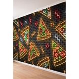 Tuğla Duvar Üzerine Neon Pizza Dilimi Desenli Tekstil Duvar Kağıdı, 450 x 270