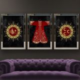 Tuğra - Kaftan - Üç Hilal Temalı Aynalı Çerçeveli 3 lü Kanvas Tablo Seti 150x70 cm SETS0022