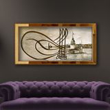 Tuğralı Kız kulesi ve İstanbul Aynalı Çerçeveli Duvar Sanatı Kanvas Tablo 70x130 cm