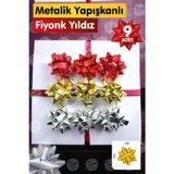 Tuğset Etiket Hediye Paketi Süsleri 9Adet Metalik Yapışkanlı Fiyonk Yıldız Yılbaşı Süs Paket Süsleme Çek Yıldız-T1055