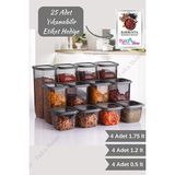 Tuka Home 12'li Set Etiketli, Kırılmaz Kare Erzak Saklama Kabı Antrasit 4x 1.75LT- 1.2lt-0.5lt