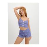 TÜKATO Kadın Desenli Askılı Fitilli Şortlu Pijama Takım Mavi L