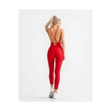 TÜKATO Kadın Kırmızı Renk Sırt Dekolteli Çapraz Bant Askılı Toparlayıcı Yoga Pilates Tayt Spor Tulum