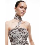 Tül Boyundan Fular Detaylı Drapeli Leopar Desenli Crop Straplez Bluz