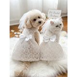 Tül Duvak ve Fiyonk Detaylı Dantel Kedi Köpek Gelinlik Elbise | Fisto Dantel İşlemeli, Küçük Irk Uyumlu, Düğün ve Fotoğraf Çekimi, Chihuahua Poodle Maltese, Kostüm ve Parti Kıyafeti