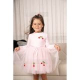 Tüllü Astarlı Pamuklu Esnek Kirazlı Kız Bebek Çoçuk Elbise - 00406 Pembe