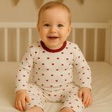 Tuma Collectıon Kalpli Desenli Fitilli Pamuklu Mevsimlik Kız Bebek Pijama Takımı Uzun Kollu Üst Rahat Alt 1-2-3 Yaş - Beyaz - 0 - 9 Ay