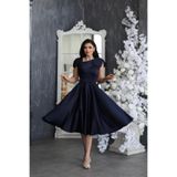 TUMEL DESİGN Angela Lacivert Kayık Yaka Omuz Detaylı Kloş Abiye Elbise