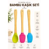 TUMU LIFE 3'lü Renkli Bambu Saplı Silikon Uçlu Spatula Fırçalı Kaşık Seti 3 Adet