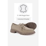 TUNAELLİ KADIN BEJ NUBUK HAKİKİ DOĞAL DERİ 36-41 NUMARA BAĞCIKLI OXFORD AYAKKABI