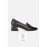 TUNAELLİ KADIN SİYAH HAKİKİ DERİ 33-34-35-41-42-43 NUMARA ORTA TOPUKLU LOAFER AYAKKABI