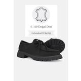 TUNAELLİ KADIN SİYAH NUBUK HAKİKİ DOĞAL DERİ 36-41 NUMARA BAĞCIKLI OXFORD AYAKKABI