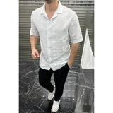 Tunahan Erkek Giyim Regular Kesim Desenli Kısa Kollu Cotton Gömlek-Beyaz