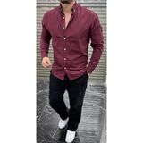 Tunahan Erkek Giyim Slimfit Kesim Erkek Cotton Kumaş Tam Kalıp Duz Desen Gömlek-Bordo