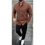 Tunahan Erkek Giyim Slimfit Kesim Erkek Cotton Kumaş Tam Kalıp Duz Desen Gömlek-Kahve