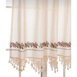 Tuncay Tekstil Buldan Işi Kırmızı Kanaviçeli El Dantelli Keten Kanaviçe Perde - Ekru - Kırık Beyaz - 220 x 150 cm