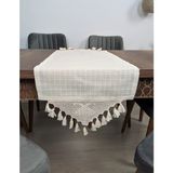 Tuncay Tekstil El Dantelli Püsküllü Runner Ranır Örtü Buldan Işi Monika Keten Sehpa Masa Üstü Örtüsü Şömen - 45 x 100 cm - Bej