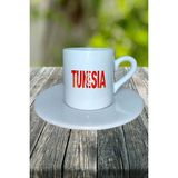 Tunus Ülke Bayrağı Bayrak Baskılı Türk Kahvesi Fincanı Tabaklı Kişiye Özel Model 2