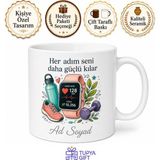 Tupya Gift Akıllı Saat ve Adım Sayar Çizimli Sağlıklı Yaşayan Formda Kupa Bardak Hediye - Adet - Beyaz