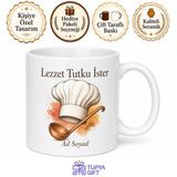 Tupya Gift Aşçılara Hediye Şef Şapkası ve Kepçe Baskılı Kupa Bardak Porselen