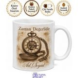 Tupya Gift Cep Saati Temalı Vintage Baskılı Kupa Bardak Nostaljik Hediye - Adet - Beyaz