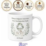 Tupya Gift Dünya Sıfır Atık Günü Atıksız Yaşam Felsefesi Temalı Porselen Kupa Bardak Hediye - Adet - Beyaz