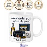 Tupya Gift Elektrikçiye Hediye Elektrik Tesisatı Kablo Çekme Şartel Priz Baskılı Porselen Kupa Bardak - Adet - Beyaz