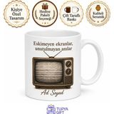 Tupya Gift Eski Tv Temalı Nostaljik Baskılı Kupa Bardak Retro Televizyon Hediye - Adet - Beyaz