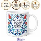 Tupya Gift Geleneksel Çini Desenli Otantik Hediyelik Seramik Kupa Bardak Özel Tasarım - Adet - Beyaz