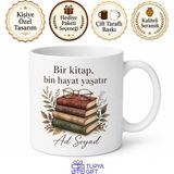 Tupya Gift Isme Özel Kitap Kurdu Yazılı Kupa Bardak Hediye Özel Tasarım Porselen - Adet - Beyaz