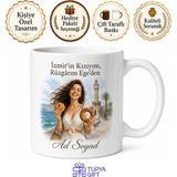 Tupya Gift Izmir Kordon Boyoz Gevrek Ege Güzeli Izmir Kızı Saat Kulesi Baskılı Porselen Kupa Hediye - Adet - Beyaz
