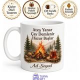 Tupya Gift Kamp Ateşi ve Çay Temalı Kupa Bardak - Doğa Severler Için Özel Tasarım Hediye - Adet - Beyaz