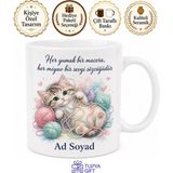 Tupya Gift Kedi Sever Yün Yumağı Temalı Özel Tasarım Baskılı Porselen Kupa Bardak Hediye - Adet - Beyaz