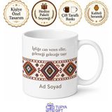 Tupya Gift Kilim Dokuyucusu Kök Boya Geometrik Motif Isim Yazılı Kupa Bardak Hediye - Adet - Beyaz