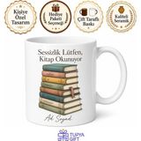 Tupya Gift Kitap Kurdu Üst Üste Kitaplar Ayraç Sessizlik Lütfen Baskılı Porselen Kupa Hediye - Adet - Beyaz