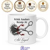 Tupya Gift Kumaş Makası Kesim Çizimli Kötü Anıları Kesip Atan Kararlı Kupa Hediye Bardak - Adet - Beyaz