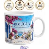 Tupya Gift Muğla Plakalı Begonvil Çiçekli Beyaz Evler Temalı Yazlık Kupa Bardak Hediye - Adet