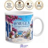 Tupya Gift Muğla Plakalı Begonvil Çiçekli Beyaz Evler Temalı Yazlık Kupa Bardak Hediye
